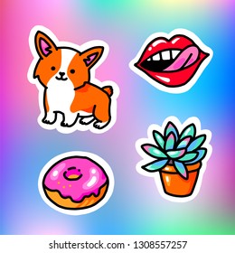 Set of stickers, pins, patches in cartoon 80s-90s comic style. Fashion patch badges with lips,succulent, donut and corgi. Cool Welsh Corgi sticker pack.