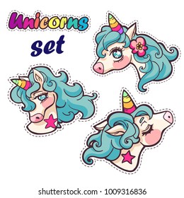 Set of stickers, pins, patches collection in cartoon style. Vector illustration isolated on white background. Cute rainbow unicorn