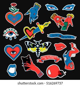 Set of stickers, pins, patches and handwritten notes collection in cartoon. Hands, mole, heart, eye and letterings. Be my babe. Not your babe. Print on tshirts and other materials.