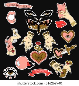 Set of stickers, pins, patches and handwritten notes collection in cartoon. Hands, mole, heart, eye and letterings. Be my babe. Not your babe. Print on tshirts and other materials.