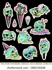 Set of stickers, pins. Skull, ice cream and evil clown. Creepy, fun cartoon illustration. Bright, acid colors on black.