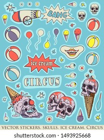 Set of stickers, pins. Skull, ice cream and circus attributes. Creepy, fun cartoon illustration. Vintage calm colors.