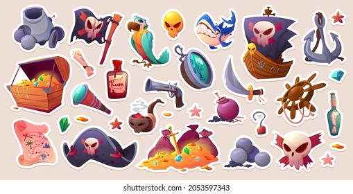 Set of stickers pirate cannon, treasure chest, flag with jolly roger and rum bottle. Smoking pipe with skull, captain cocked hat, gun and anchor with parrot and battle ship, Cartoon vector patches