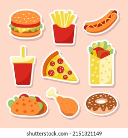 Set of stickers with pizza, hamburgers, donut, hot dog and other light food. Vector graphicson a pink background for design of menus, notepads, packaging.