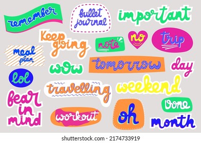 Set of stickers for planner, bullet journal, to do list. Cute hand drawn lettering for organizing everyday routine. Vector elements for scrapbooking and decoration.