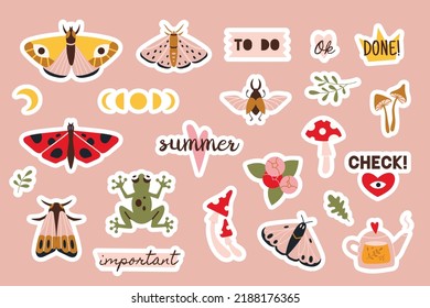 Set of  stickers for planner and diaries, vector flat illustration. Cute sticker pack with summer vibe, moth, frog, cartoon image and trendy lettering. Decorations for notebook, bullet journal.