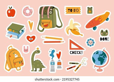 Set of  stickers for planner and diaries, vector flat illustration. Cute sticker pack with school stationery and art supplies, cartoon image and trendy lettering. Decorations for notebook, flat design