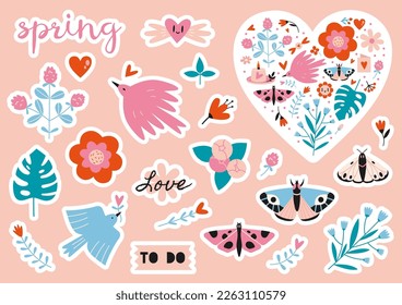 Conjunto de stickers para planner y diarios, ilustración plana vectorial. Paquete de emoticones con vibración primaveral, flor, corazones, pájaros, mariposa. Imagen de caricatura y letras. Decoración para cuaderno.