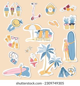 Conjunto de stickers para planner y diarios, ilustración plana vectorial. Paquete de emoticones con ilustraciones de dibujos animados de vibes de verano. Hola verano, vibes de playa, aloha. Un conjunto de citas inspiradoras. Veto