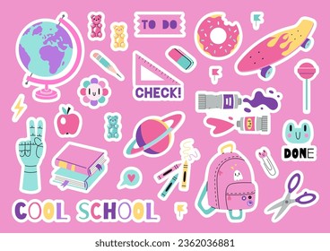 Set of stickers for planner and diaries, vector flat illustration. Sticker pack with cute school stationery and art supplies, cartoon style. Bright pastel color, 90s vibe. Decorations for notebook