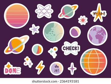 Set of stickers for planner and diaries, vector flat illustration. Cute sticker pack with Space element, planets and stars, cartoon trendy image. Decorations for notebook, flat design