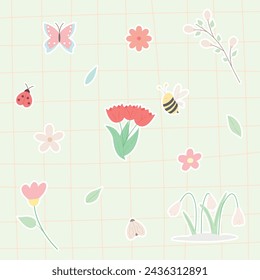Set of stickers for planner and diaries, vector flat illustration. Cute sticker pack with spring vibe, flowers, butterfly, bee, ladybug and plants. Cartoon image of spring elements. Decorations for no