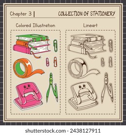 Set of stickers for planner and diaries, vector retro illustration. Cute sticker pack with school stationery