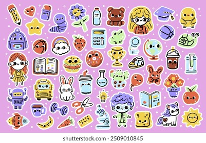 Set of stickers for planner and diaries, vector flat illustration. Cute sticker pack with school stationery and art supplies, cartoon image and trendy lettering. Kawaii style. Educational clipart set 