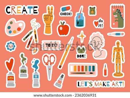 Set of stickers for planner and diaries, vector flat illustration. Cute sticker pack with painting tools elements and art supplies, cartoon trendy image. Decorations for notebook, flat design