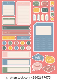 Set of stickers for planner, diary, schedule, to-do list. Templates for scrapbook, notebook, agenda, bookmarks, colorful labels. Speech bubbles and quotes frames textbox