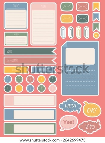 Set of stickers for planner, diary, schedule, to-do list. Templates for scrapbook, notebook, agenda, bookmarks, colorful labels. Speech bubbles and quotes frames textbox