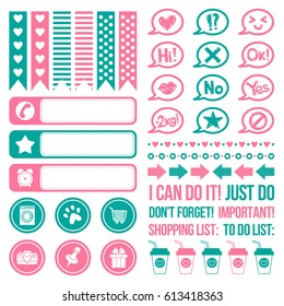 Set of stickers for planning. Icons and signs for decoration scrapbooking, wrapping, diary and notebooks. Vector illustration.