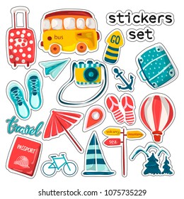 A set of stickers for planning a summer vacation, travel, adventure or business trip. Hand-drawn cartoon icons, tourist objects and passenger Luggage. Vector illustration