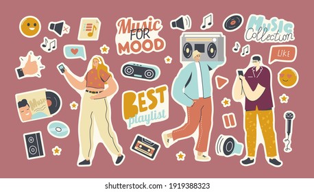 Set of Stickers Playlist for Music Collection Theme. People with Player, Thumb Up, Vinyl and Cd Disk, Dynamics and Record Player with Tape or Microphone and Smiling Emoji. Cartoon Vector Illustration