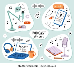 Set of stickers with podcast concept. Records of audio files, live streams, broadcast. Microphone, headphones and laptop, cup with tea. Cartoon flat vector collection isolated on blue background