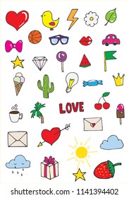 Set of stickers in pop art style with animals, food and things in vector. With different summer holiday attributes on white background.