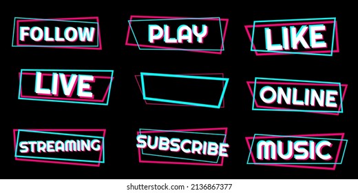 Set of stickers for a popular social network. White - blue  - pink sticker on black background. Modern advertising social media design. Vector illustration