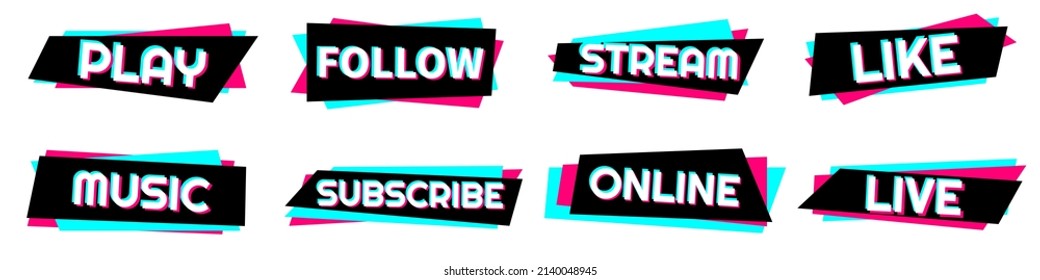 Conjunto de stickers para una popular red social. Negro - azul - pegatina rosa sobre fondo blanco. Diseño moderno de medios sociales publicitarios. Ilustración del vector