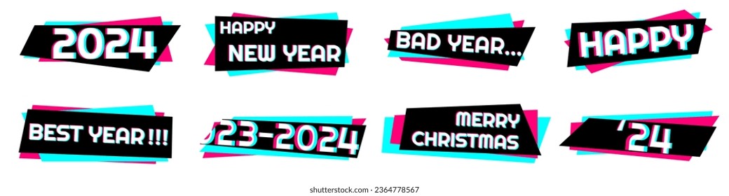 Set of stickers for a popular social network. Black - blue  - pink sticker on white background. Creative concept of 2024 Happy New Year stickers in social media style. Vector illustration. EPS10