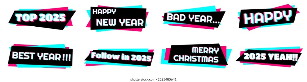 Set of stickers for a popular social network. Black - blue  - pink sticker on white background. Creative concept of 2025 Happy New Year stickers in social media style. Vector illustration. EPS10