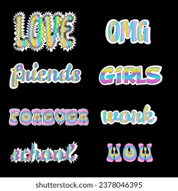 A set of stickers of popular words in holographic colors. Retro style. Black background