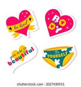 A set of stickers with positive motivational phrases with hearts and women's panties. Body positive, self-love, beauty. Vector illustration