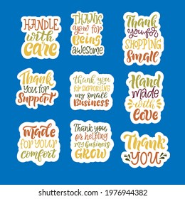 Set of stickers with positive phrases, multicolored letters on a blue background, vector graphics. For the design of covers of notebooks, diaries, stickers on the laptop.