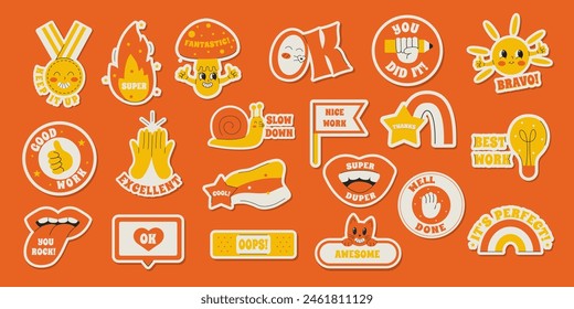 Set of Stickers Positive Saying Good job, nice work, super, bravo, well done. Vector Illustration in Retro Groovy Style. 