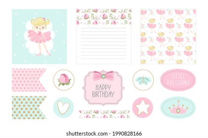 A set of stickers and postcards Ballet for a Happy Birthday. Cute ballerinas, flowers, plants, patterns. Vector illustration.
