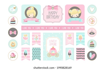 A set of stickers and postcards Ballet for a Happy Birthday. Cute ballerinas, flowers, plants, patterns. Vector illustration.
