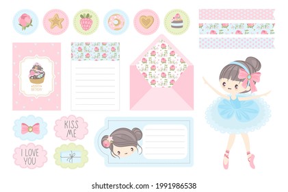 A set of stickers and postcards Ballet for a Happy Birthday. Cute ballerinas, flowers, plants, patterns. Vector illustration.