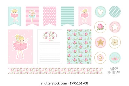 A set of stickers and postcards Ballet for a Happy Birthday. Cute ballerinas, flowers, plants, patterns. Vector illustration.
