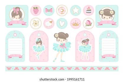 Un juego de stickers y postales de Ballet para un cumpleaños feliz. Balerinas, flores, plantas, estampados. Ilustración vectorial.
