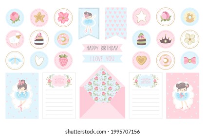 A set of stickers and postcards Ballet for a Happy Birthday. Cute ballerinas, flowers, plants, patterns. Vector illustration.
