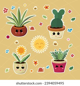 Set of stickers of pots with house plants. House plants. Vector illustration.