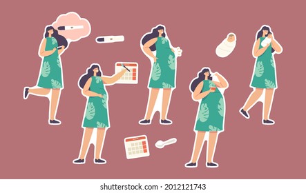 Set of Stickers Pregnancy Stages, Maternity Themed. Female Character with Positive Test, Calendar Date, Growing Belly, Woman Eating and Carry Newborn Baby on Hands. Cartoon People Vector Illustration