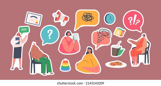 Set of Stickers Pregnant Women Visit Support Courses, Young Mothers Prepare for Childbirth, Communicate with Couch. Pregnancy and Maternity Assistance. Cartoon People Vector Illustration, Patches