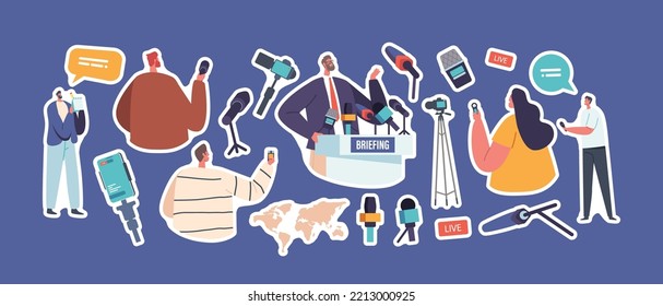 Set of Stickers Press Conference, Briefing. Man Speaker, Audience, Journalists or Press Media Workers with Microphones and Cameras, Male Character on Tribune. Cartoon Vector Illustration, Patches