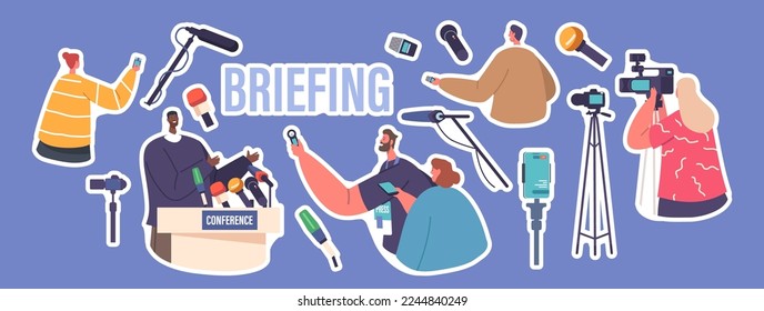 Set of Stickers Press Conference, Briefing. Black Man Speaker, Audience, Journalists or Press Media Workers with Microphones or Cameras, Male Character on Tribune. Cartoon Vector Illustration, Patches