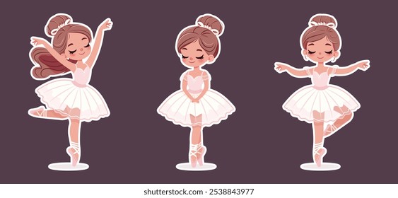 Set of stickers with pretty ballerina in white and pink dress dancing on white background. Vector illustration in flat cartoon style