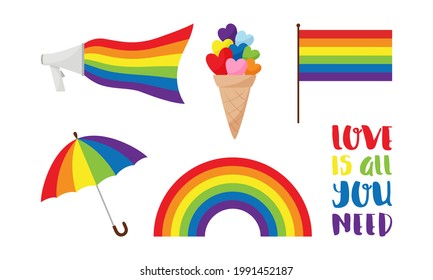 A set of stickers for Pride month, LGBTQ. Mouthpiece with rainbow in LGBT colors, umbrella, rainbow, flag, ice cream, lettering phrase-Love is all you need. Vector illustration isolated on white