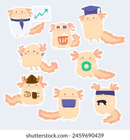 A set of stickers with a primitive cartoon image of axolotls, with different types of activities such as work, play, rest and study 