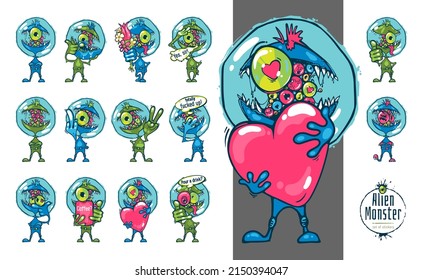 A set of stickers or prints for a T-shirt with a cute alien monster drawn by hand