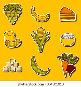 Set of stickers with products prohibited during paleo diet in hand drawn cartoon style: corn, cake, rice, carrot, bread, bean, sugar. Healthy food concept for your design